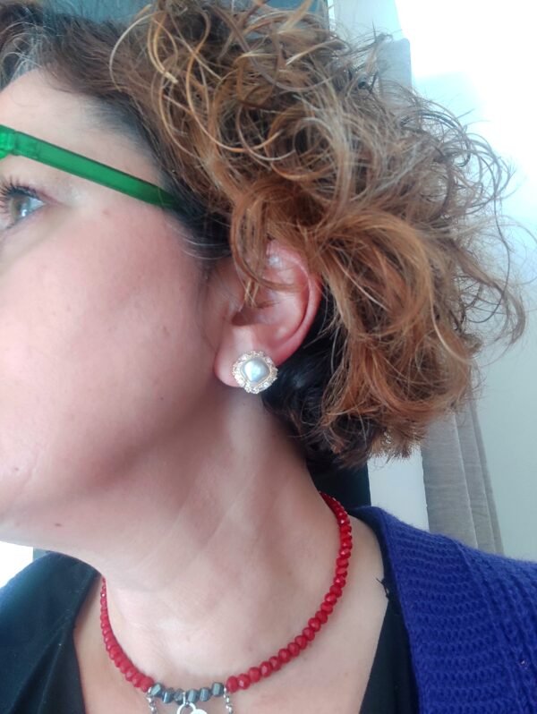 Σκουλαρίκια ατσάλινα με μαργαριταρι & ζιργκον(σχέδιο τετράγωνο)